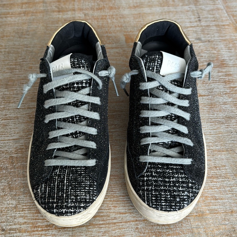 P448 John Black Glitter Tweed Low Top Sneakers Women's Size 39 / US Size 8.5